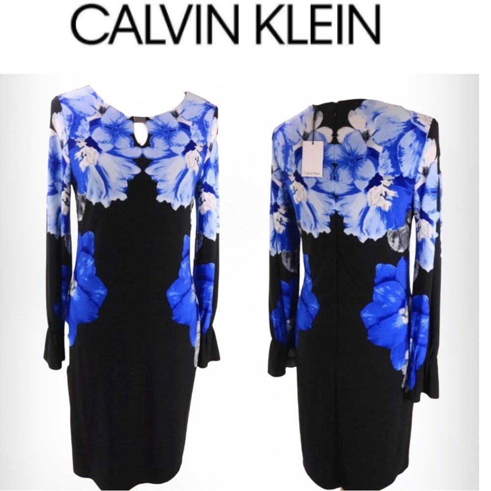 Calvin Klein Beautiful BLUE Floral Bell Long Sleeve Dress SZ 6